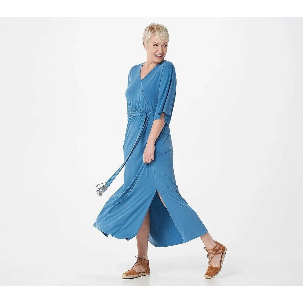 Haute Hippie Tribe Dress Knit Maxi Fringe Belt Slate Blue 1X A394298